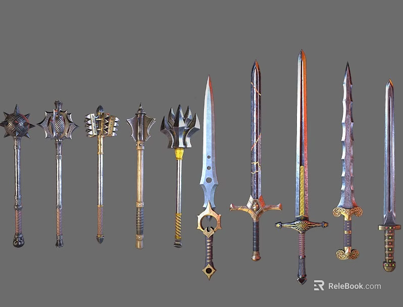 Various Medieval Weapons Collection With Decorative Handles And Unique Designs 3d model