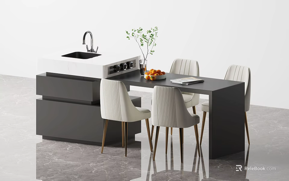 Modern Dining Table Set With White Chairs Countertop Sink Vase And Oranges 3d model 