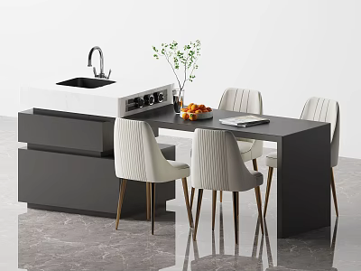 Modern Dining Table Set With White Chairs Countertop Sink Vase And Oranges 3d model
