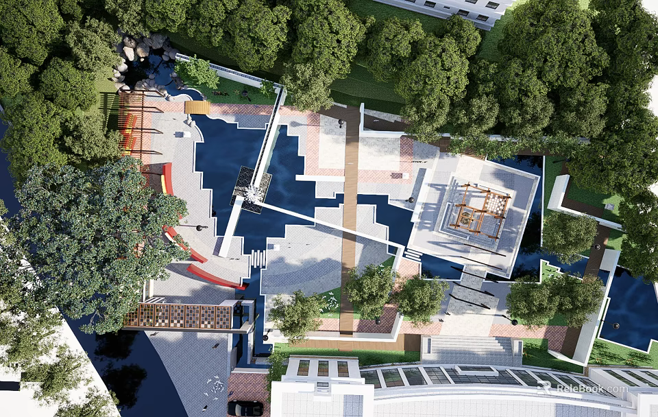 Aerial View Of Urban Park Landscape With Water Pond Walking Paths And Green Trees 3d model 