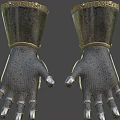 Ornate Metal Gauntlets Featuring Intricate Decorative Patterns And Gold Accents For Medieval Attire
