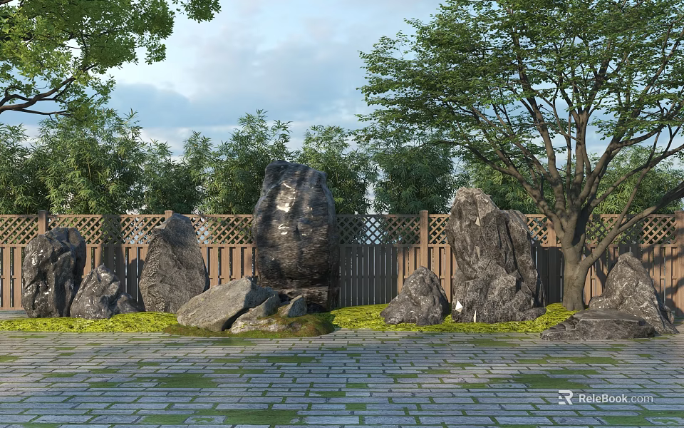 Decorative Rockery Stones in Landscaped Garden With Trees Wooden Fence and Stone Pavement 3d model 