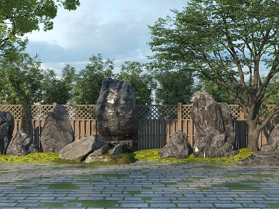 Decorative Rockery Stones in Landscaped Garden With Trees Wooden Fence and Stone Pavement 3d model
