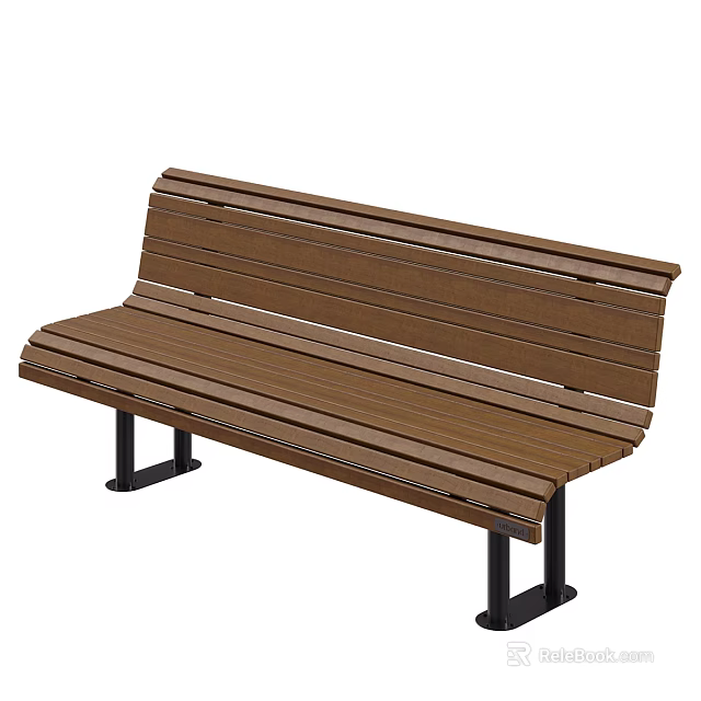 Brown Wooden Outdoor Bench With Black Metal Legs And Slatted Design 3d model 