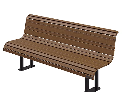 Brown Wooden Outdoor Bench With Black Metal Legs And Slatted Design 3d model