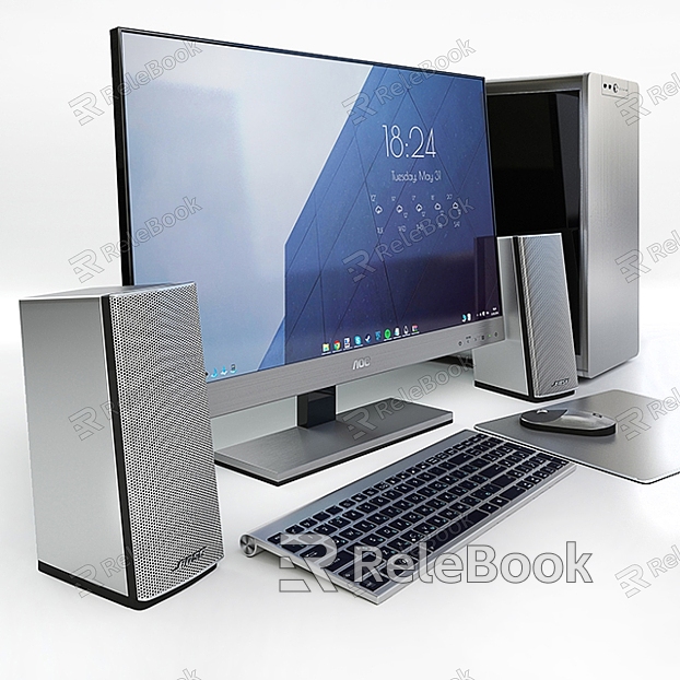 Modern desktop computer case keyboard mouse speaker monitor model