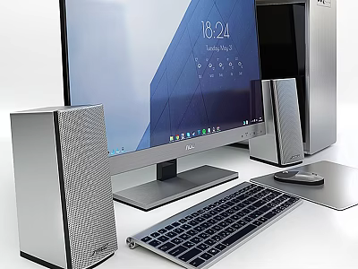 Modern Desktop Computer Setup With Monitor Keyboard Mouse And Speakers 3d model