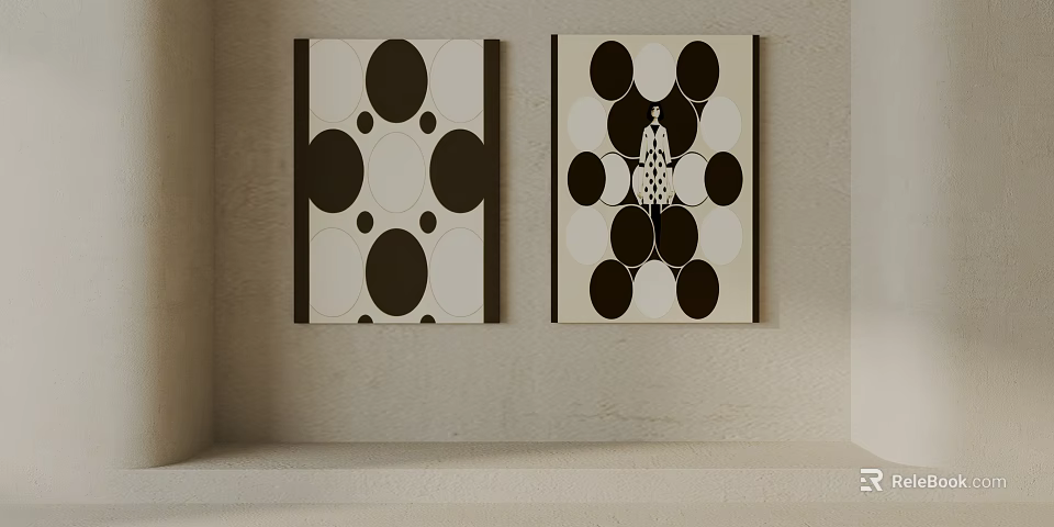 Two Panel Abstract Wall Art With Black And White Circles On Beige Wall 3d model