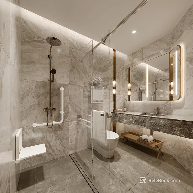 Modern Other Bathroom With Marble Safety Rails And Illuminated Mirror 3d model 