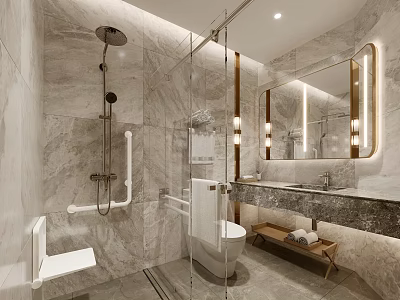 Modern Other Bathroom With Marble Safety Rails And Illuminated Mirror 3d model