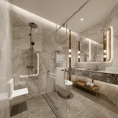 Modern Other Bathroom With Marble Safety Rails And Illuminated Mirror 3d model