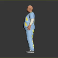 Bald Man Wearing Blue Jacket With Red Design And Blue Pants With Yellow Patterns