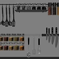 Wall Mounted Kitchen Storage With Hanging Utensils Glass Spice Jars And Knives