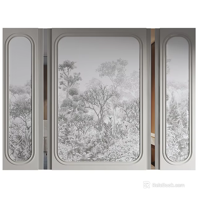 Elegant Background Wall With Etched Glass Panels And Tree Plant Patterns 3d model 