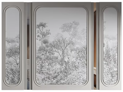 Elegant Background Wall With Etched Glass Panels And Tree Plant Patterns 3d model