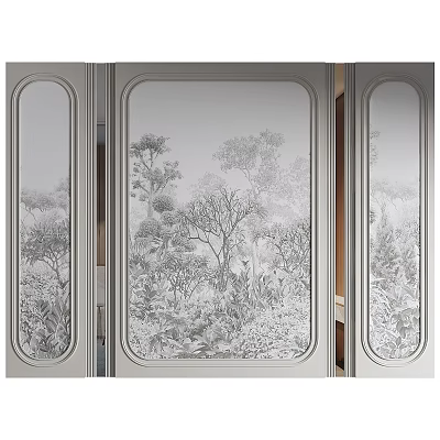 Elegant Background Wall With Etched Glass Panels And Tree Plant Patterns 3d model