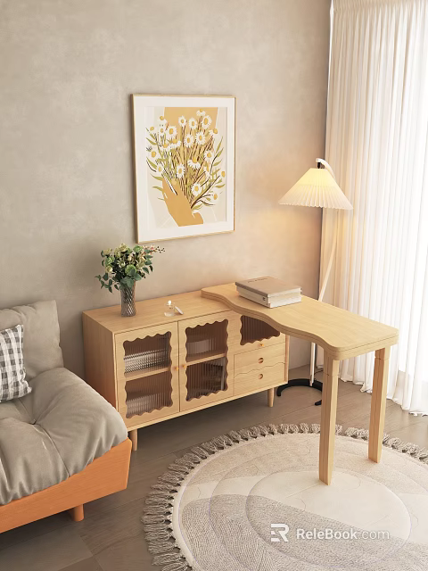 Modern Sideboard in Living Room with Sofa Table Lamp Painting Vase with Flowers and Books 3d model 