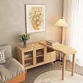Modern Sideboard in Living Room with Sofa Table Lamp Painting Vase with Flowers and Books