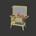 Vintage Kitchen Stove With Red Kettle On Countertop And Metal Burners