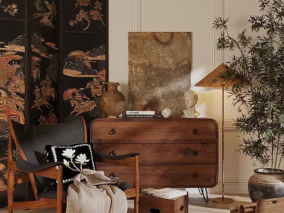 Accent Chair with Wooden Dresser Table Lamp Potted Plant and Decorative Pillow in Cozy Room 3d model