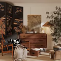 Accent Chair with Wooden Dresser Table Lamp Potted Plant and Decorative Pillow in Cozy Room