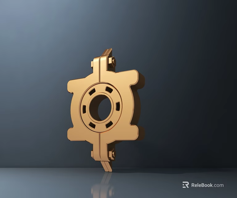 Golden Gear Like Mechanical Part With Symmetrical Structure And Holes On Dark Background 3d model 