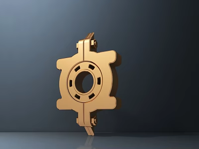 Golden Gear Like Mechanical Part With Symmetrical Structure And Holes On Dark Background 3d model