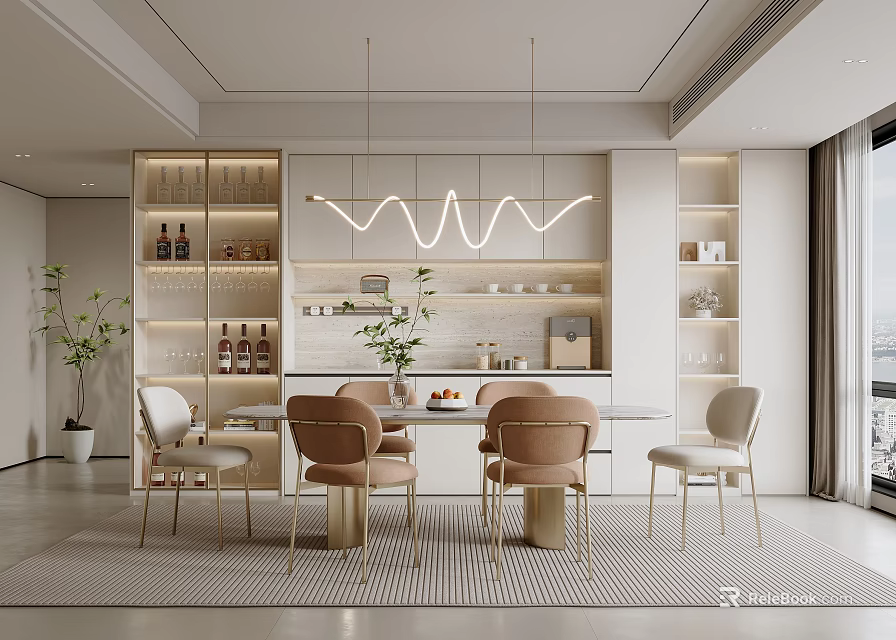 Elegant Modern Dining Room Interior With Luxury Table Chairs And Stylish Pendant Lights 3d model 
