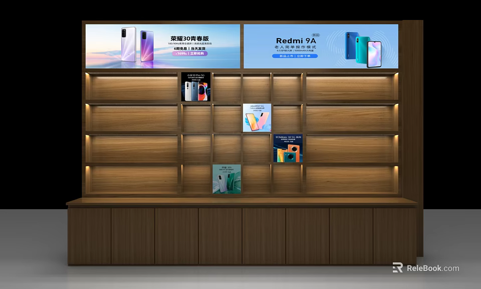 Wooden Display Shelf with Layered Design for Mobile Phones and Redmi 12A Posters 3d model 