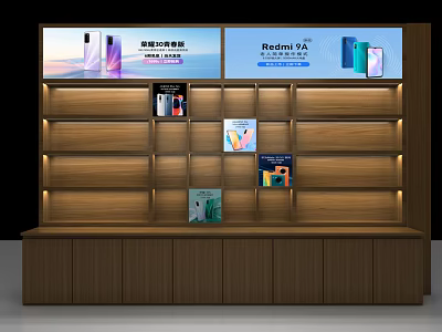 Wooden Display Shelf with Layered Design for Mobile Phones and Redmi 12A Posters 3d model