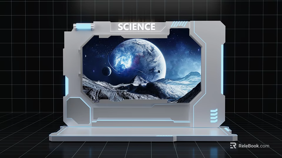 Hi Tech Science Stage With Futuristic Space Scene Planet And Mountain Design 3d model 