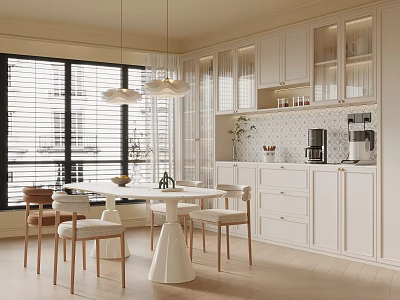 Restaurant Interior With White Cabinets Dining Table Chairs Hanging Lights Large Windows Blinds Coffee Machine 3d model