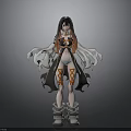 Anime Woman with Long Black Hair Orange Black Outfit Red Leg Patterns and Boots