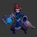 Fantasy Character With Fox Ears Tail Red Hair Blue Robe Holding Blue Magical Orb
