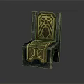 Dark Colored Chair With Golden Carved Patterns And Stone Like Decorative Design