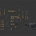 Professional Workshop Tools Collection Featuring Hammers Axes Pliers Saws and Anvil