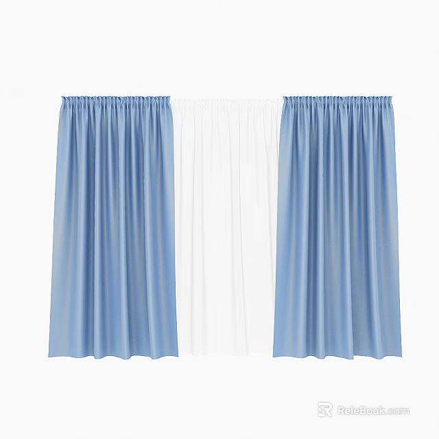 Blue Curtains With White Sheer Panels For Home Window Decoration 3d model 