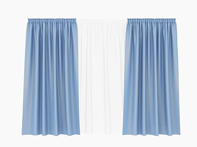 Blue Curtains With White Sheer Panels For Home Window Decoration 3d model
