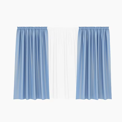 Blue Curtains With White Sheer Panels For Home Window Decoration 3d model