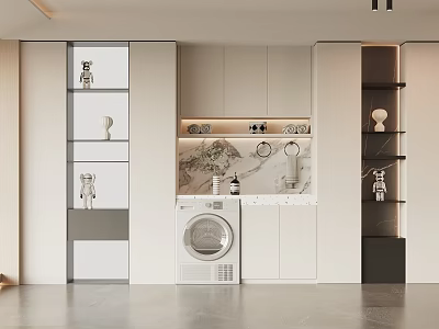 Modern Bathroom Cabinet Rack Interior Design With Marble Countertop Washing Machine And Storage Shelves 3d model
