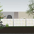 Modern Garden Landscape with White Low Wall Geometric Patterns Green Lawn and Black Street Lamps