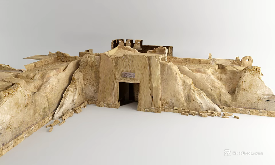 Detailed Architectural Model Of Traditional Earthen Structure With Rocky Mountain Walls And Entrance 3d model 