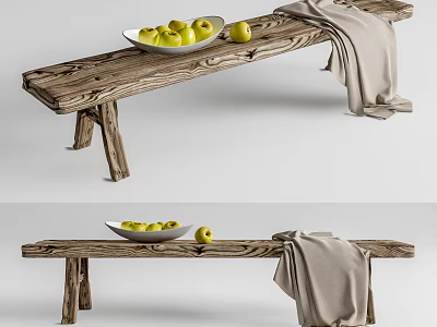 Wooden Public Bench with Yellow Fruits in Bowl and Light Cloth on Top 3d model