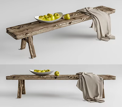 Wooden Public Bench with Yellow Fruits in Bowl and Light Cloth on Top 3d model