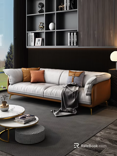 Modern Two Seater Sofa With White And Brown Upholstery Orange Gray Pillows And Gray Blanket 3d model 