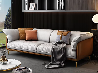 Modern Two Seater Sofa With White And Brown Upholstery Orange Gray Pillows And Gray Blanket 3d model