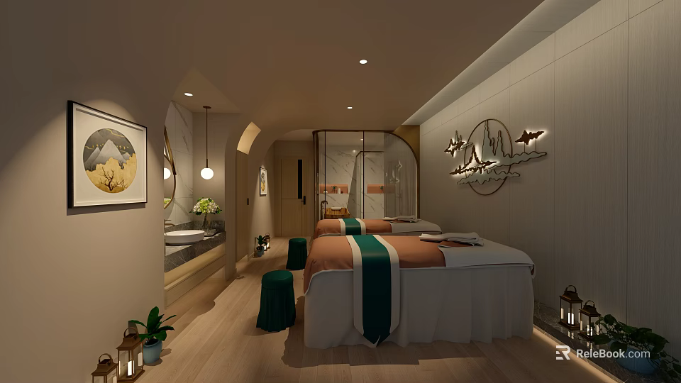 Serene Luxury Spa Sauna Room With Massage Beds Green Orange Towels And Wall Decor 3d model 