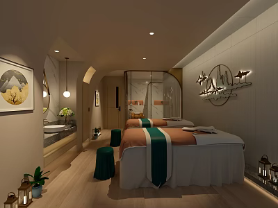 Serene Luxury Spa Sauna Room With Massage Beds Green Orange Towels And Wall Decor 3d model