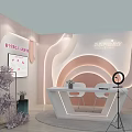 Modern Live Stream Studio With Pink White Decor Curved Backdrop White Table Chairs And Camera 3d model