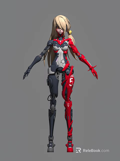 Futuristic Game And Movie Character With Red Black Mechanical Armor Blonde Hair And Number 5 3d model